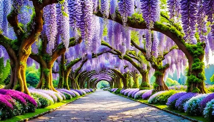 Fotobehang Street covered by Wisteria tree and flowers on a sunny day © Ooga Booga