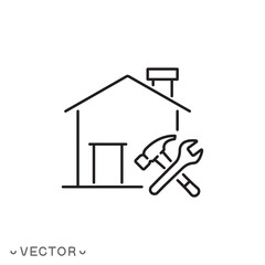 Naklejka premium home repair icon, building maintenance service, house construction work, thin line symbol isolated on white background, editable stroke eps 10 vector illustration