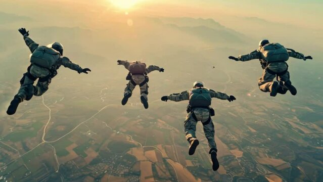 A group of skydivers jumps out of a plane to explore the aerial landscape.	
