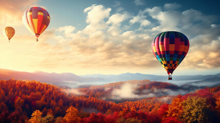 A shot of a hot air balloon floating in the autumn sky