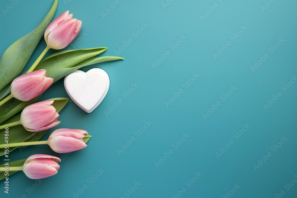 Wall mural a figurine of hearts and tulips in a blue photo with a place for text. flowers