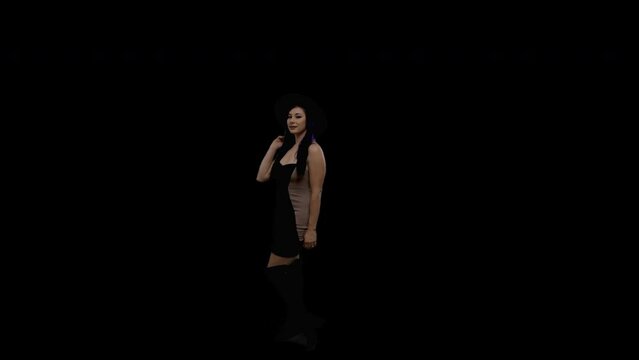 Alpha layer transparent background, filmed on green screen, A female model with purple hair and green eyes gestures playfully at the camera.