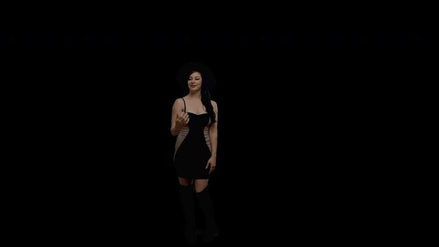 Alpha layer transparent background, filmed on green screen, A female model with purple hair and green eyes gestures playfully at the camera.