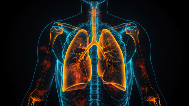 3D x-ray illustration of human body organs, Respiratory System Lungs anatomy highlighted and copy space