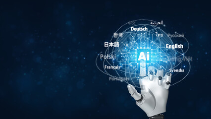 Ai translate language.Robot hand touching ai translator, Artificial intelligence chatbot equipped with a Language model technology.