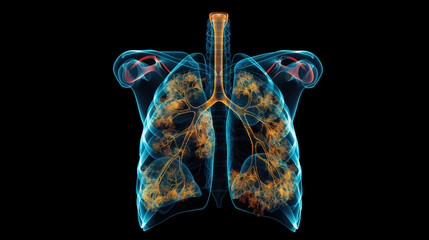 3D x-ray illustration of human body organs, Respiratory System Lungs anatomy highlighted and copy space