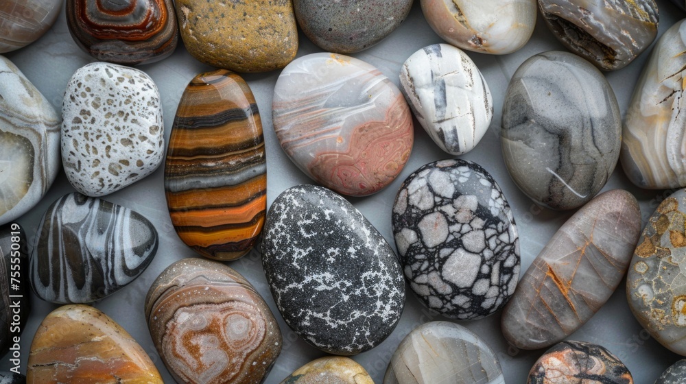 Poster smooth stones with different mineral patterns, arranged to highlight natural diversit, ai generative