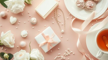 Stylish flat lay of White Day gifts, including elegant jewelry, gourmet sweets, and handwritten notes, AI Generative