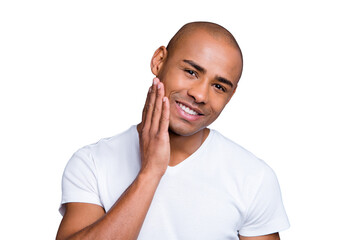 Close up photo glad dark skin he him his macho expertising checking skin after shaving hand arm cheek excited amazed with results wearing white t-shirt outfit clothes isolated on grey background