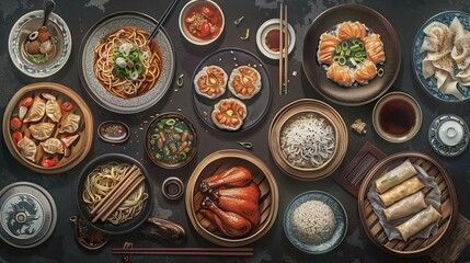 chinese food dark background, noodles, fried rice, dumplings, peking duck, dim sum, spring rolls, top view  ai generated image