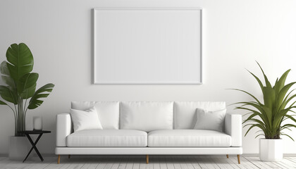 blank poster frame mockup on white wall with sofa. 