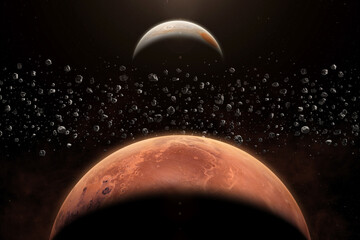 Mars, Jupiter, main asteroid belt, nebula and galaxy. Asteroids orbiting our Sun between Mars and...