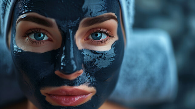 Woman with a charcoal face mask looking relaxed, skincare and beauty concept.