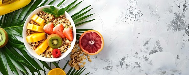 Bird's eye view of a bowl with granola and tropical fruits. Concept Food Photography, Breakfast Ideas, Fresh Ingredients, Healthy Eating, Aerial Shot