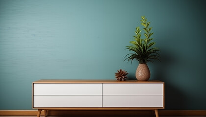 green wall with wooden chest of drawers and small green plant. 