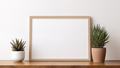 blank poster frame mockup on white wall with window with wooden chest of drawers and small green plant. 