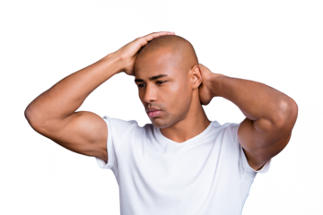 Close up photo dark skin he him his guy hand arm hold bald head looking pensive contemplation concentrated guessing to empty space wearing white t-shirt outfit clothes isolated on grey background