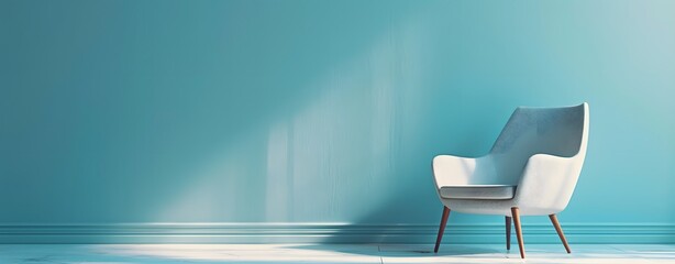 Modern chair isolated on blue background, Cozy comfortable office chair for indoor space design. Office interior furniture. Space for text. side view.