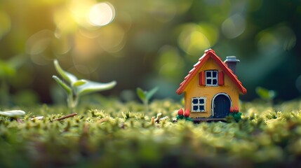 Small house miniature or toy on nature green grassy background, Real estate property single house. businesses.