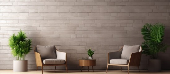 A modern loft interior featuring three lounge chairs arranged around a small table with a potted plant on it. The room has wooden wall panels, a brick wall, and a concrete floor.