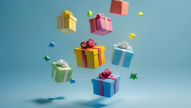 A set of colorful gift boxes floating in the air, creating a playful and magical sight against a blue background. Holiday concept