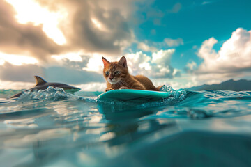 cute ginger cat sitting on surfboard surrounded by sharks in crystal clear water