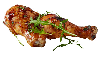 A succulent chicken drumstick, freshly prepared and photographed against a pure white setting, emphasizing its deliciousness