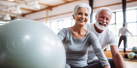 Two older individuals staying active with exercises and sports activities. Concept of healthy and dynamic life.