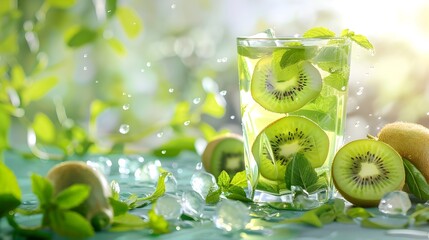 Fresh Kiwi Fruit Smoothie in a Glass of Sparkling Water
