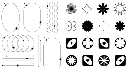 Set of abstract retro futuristic elements and shapes and aesthetic line frames boho, brutalism, Y2K style. Geometric elements with sparkles for template social media, poster, banner, logo, stickers