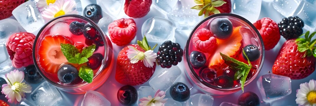 Fresh Berries and Fruit in Glasses on Ice - Feminine Style Summer Drink