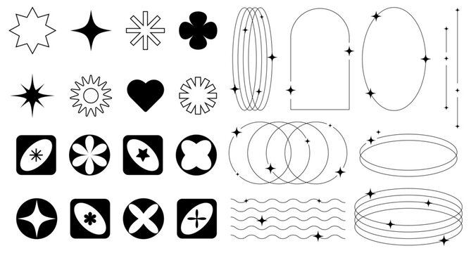 Set of abstract retro futuristic elements and shapes and aesthetic line frames boho, brutalism, Y2K style. Geometric elements with sparkles for template social media, poster, banner, logo, stickers