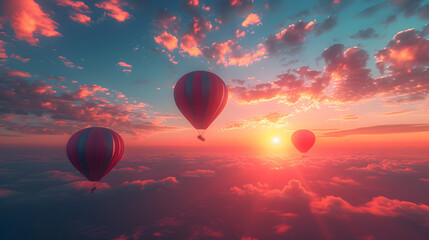 Sunrise or sunset scenes with balloons creating a surreal sky background