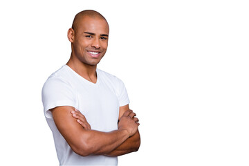 Close up photo strong healthy masculine dark skin he him his macho bald head arms crossed satisfied...