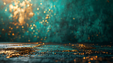 Abstract background with emerald green and gold particles,Abstract blur bokeh banner background. Gold bokeh on defocused emerald green background - obrazy, fototapety, plakaty