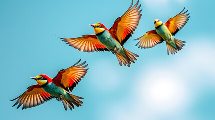 Birds in flight with vibrant plumage against a blue sky background