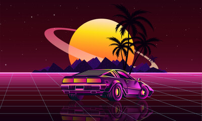  A futuristic car in the form of a sports car in the style of a retro game for the console of the 1990s. Abstract poster on Saturn background