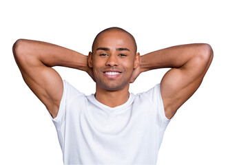 Close up photo relaxed strong healthy masculine dark skin he him his macho bald head arms behind...