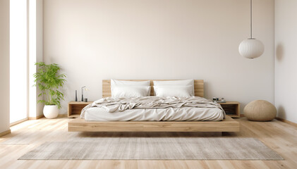 Interior of modern bedroom with white walls, wooden floor and comfortable king size bed. 3d rendering