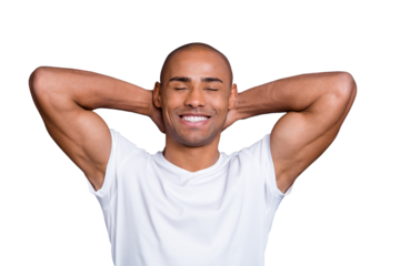 Close up photo calm healthy masculine dark skin he him his macho bald head arms behind eyes closed sit on brunch near seaside fresh air wearing white t-shirt outfit clothes isolated grey background
