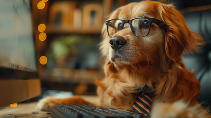 パソコンを操作するビジネス犬 - obrazy, fototapety, plakaty
