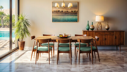 Modern dining room interior design with wooden table and chairs. 3d render