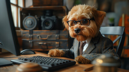 パソコンを操作するビジネス犬 - obrazy, fototapety, plakaty