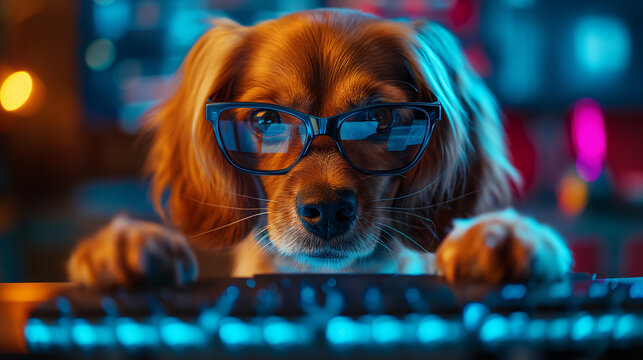 パソコンを操作するビジネス犬