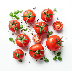 fresh sliced tomatoes with basil herbs on a white background - healthy nutrition with vegetables and antioxidants - 755554871