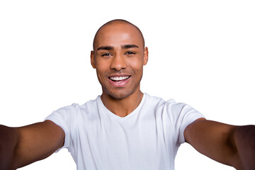 Close up photo healthy masculine dark skin he him his macho bald head arms telephone make take selfies cheerful wearing white t-shirt outfit clothes isolated grey background