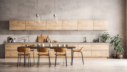 Interior of modern kitchen with concrete walls, concrete floor, wooden countertops and wooden cupboards. 3d rendering