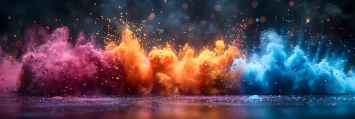  Holi Festival Celebration Holi Word with Bright Colors, Colorful powder explosion background © Xaphar