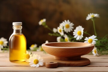 Aromatic oil in a glass bottle on a black background with a place for text. Aromatherapy, relaxation. With daisies in the background.