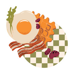 Retro vector still life of breakfast ingredients: fried egg, leaf arugula, beans, wafer on checkered napkin. Traditional nutritious recipe. Hand drawn illustration